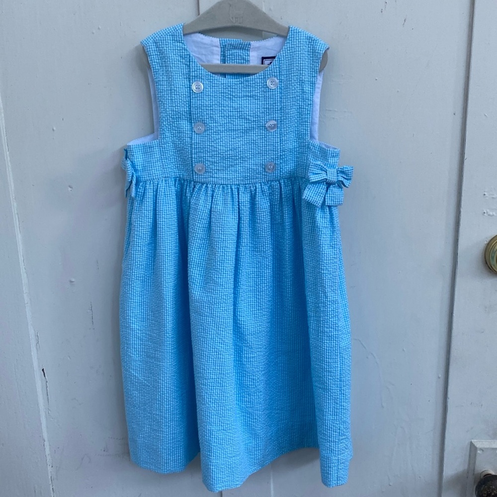 Busy Bees Girl Size 6 Blue Seersucker Gingham Pinafore Dress Jumper Wizard of Oz